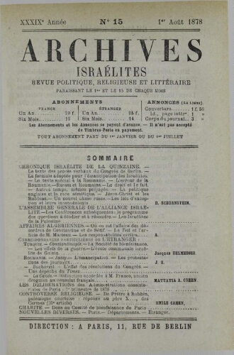 Archives israélites de France. Vol.39 N°15 (01 août 1878)